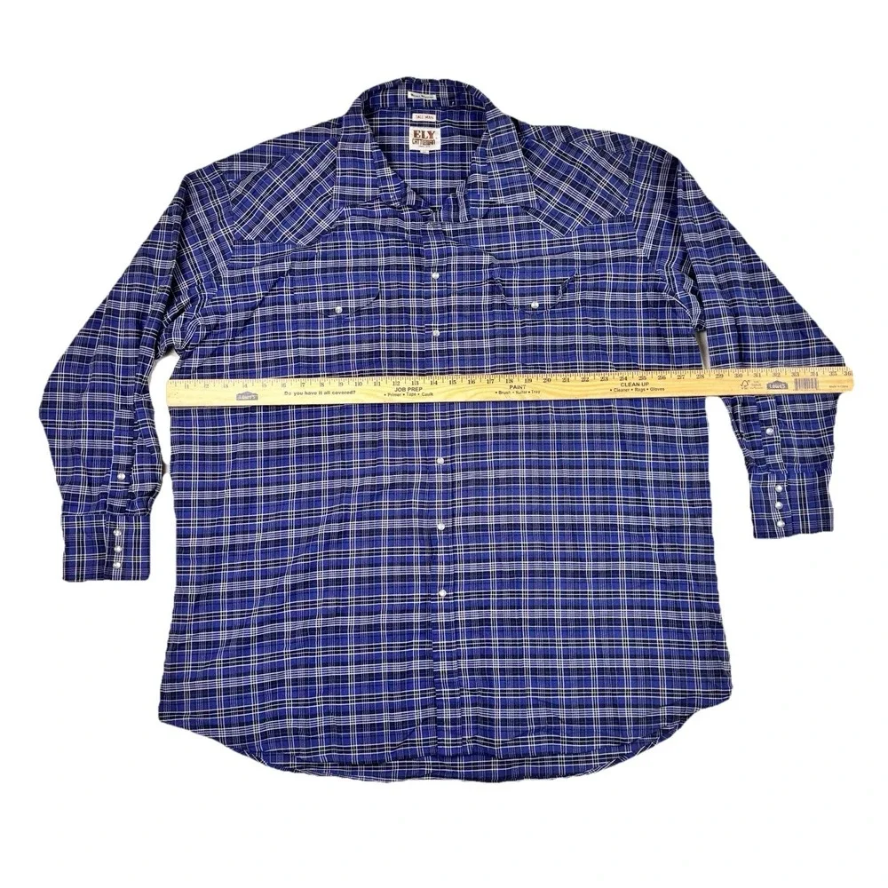 Ely Cattleman Shirt Mens 4XL (20/36) Tall Blue Plaid Pearl Snap Vintage - Picture 3 of 5